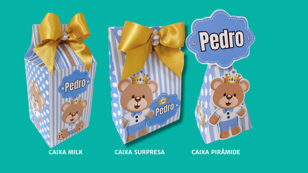5 Opções de Lembrancinhas baratas para festas infantis 2 3 lembrancinhas personalizadas no tema urso príncipe, sendo: uma Caixa Milk com listras azuis e laço dourado, uma caixa sacolinha com listras azuis e laço dourado e uma caixa pirâmide com listras azuis e um pedaço de ppapel colado na ponta da piramide com o nome Pedro