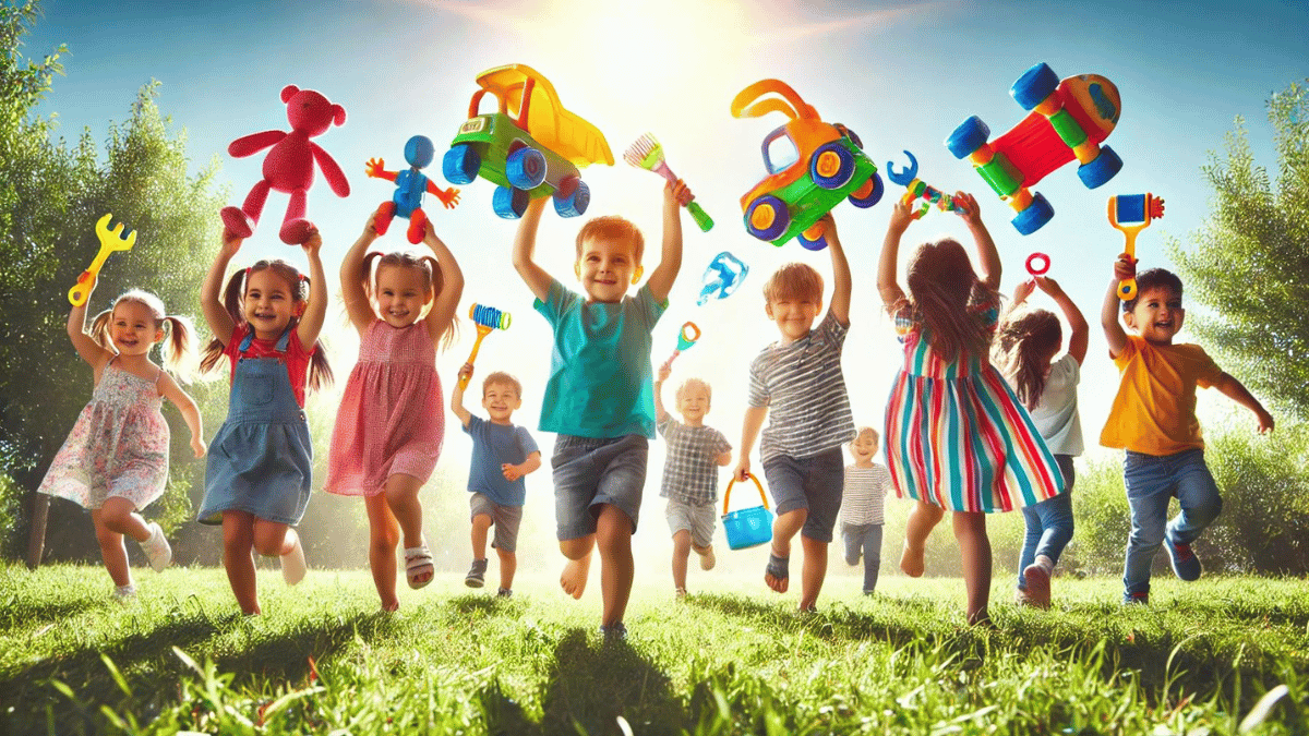 Crianças felizes correndo com suas lembrancinhas de aniversário levantados para o alto num dia ensolarado
