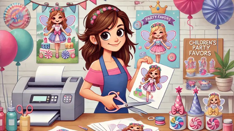 Una mujer de dibujos animados con unas tijeras y un trozo de papel en la mano, con la imagen de un hada en el papel.