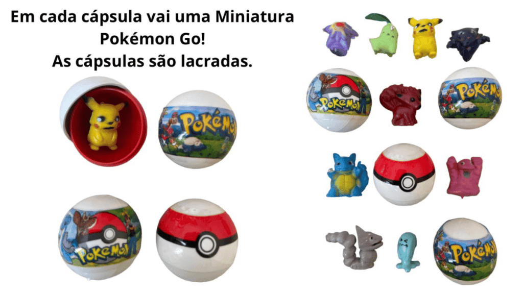 5 Opções de Lembrancinhas baratas para festas infantis 7 Na imagem tem pokebolas que são esferas de plasticos, que ao abrir tem miniaturas de pokemons.