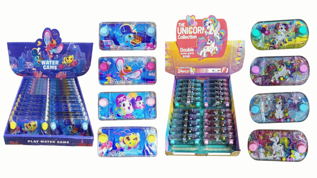 5 Opções de Lembrancinhas baratas para festas infantis 6 na imagem tem uma caixa com 24 mini aquaplays no tema fundo do mar e outra caixa no tema unicornio.