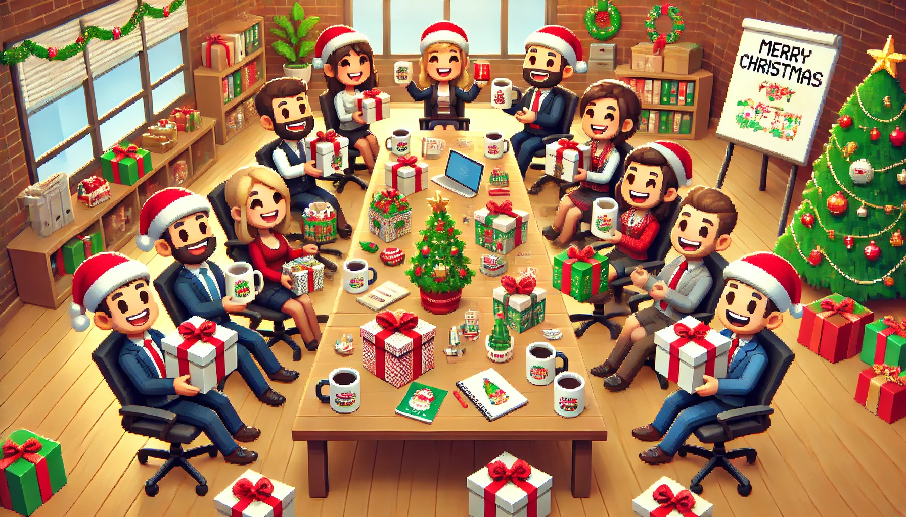 Imagem mostra um desenho com varias pessoas sentadas ao redor de uma mesa de reunião mostrando seus brindes corporativos
