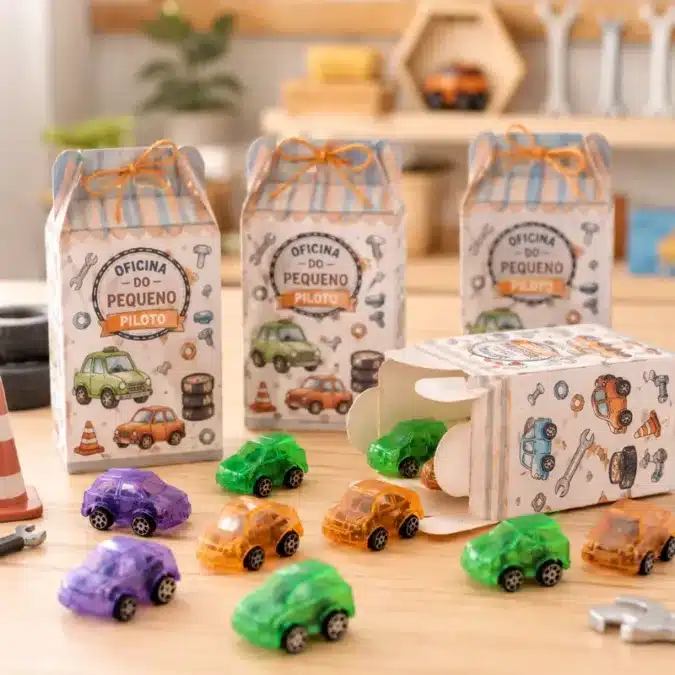 O que colocar na caixa milk? Esqueça os bombons e comece a usar esses produtos. 5 O que colocar na caixa milk, nessa imagem tem uma caixa milk de festa infantil, no tema carros. Estão 4 caixas milks, sendo 3 em pé e uma aberta de onde saem uns carrinhos de brinquedo