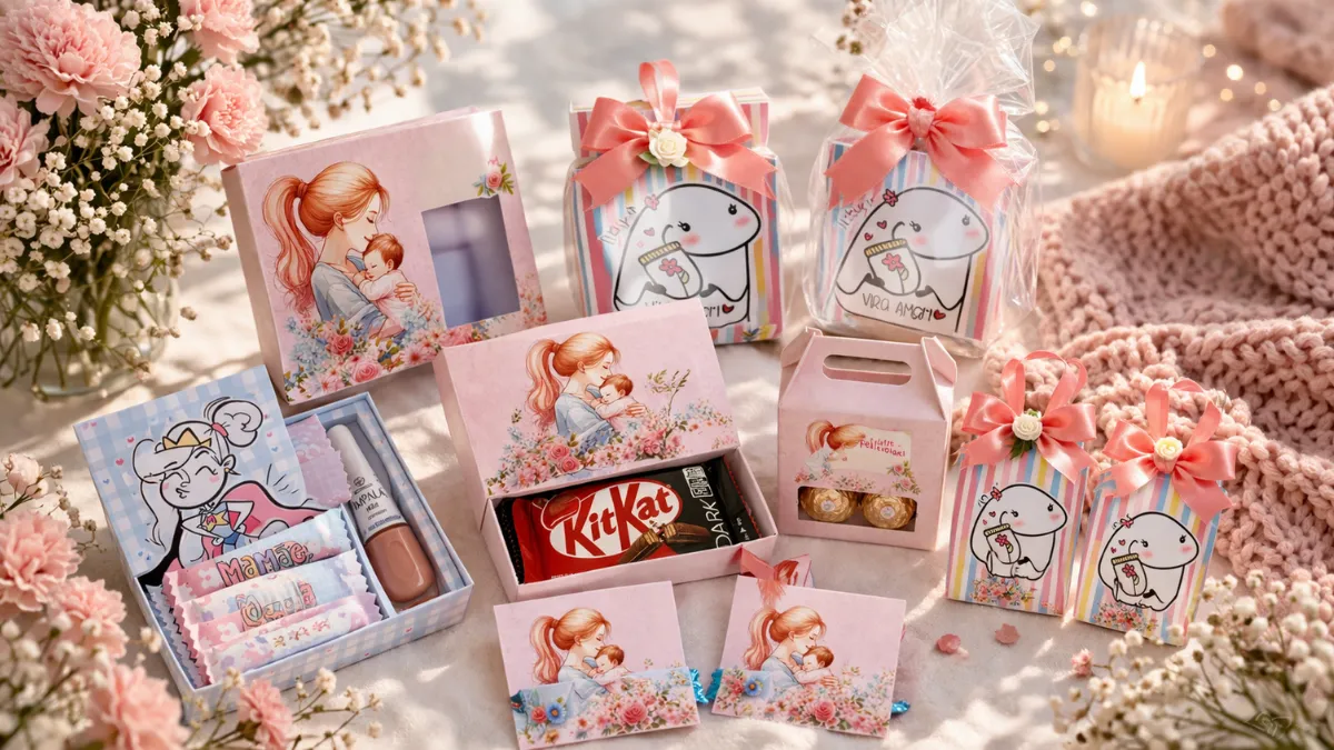 imagem com várias lembrancinhas de dia das mães feitas em papel fotografico 180g e personalizado com uma mãe sefgurando um filho
