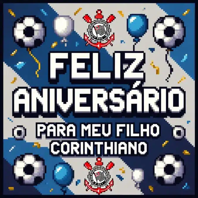 Mensagem de Aniversário para Filho: palavras que saem do coração 5 Imagem com escudo do corinthians estilo video game nitendinho com a frase Feliz aniversário para meu filho corinthiano