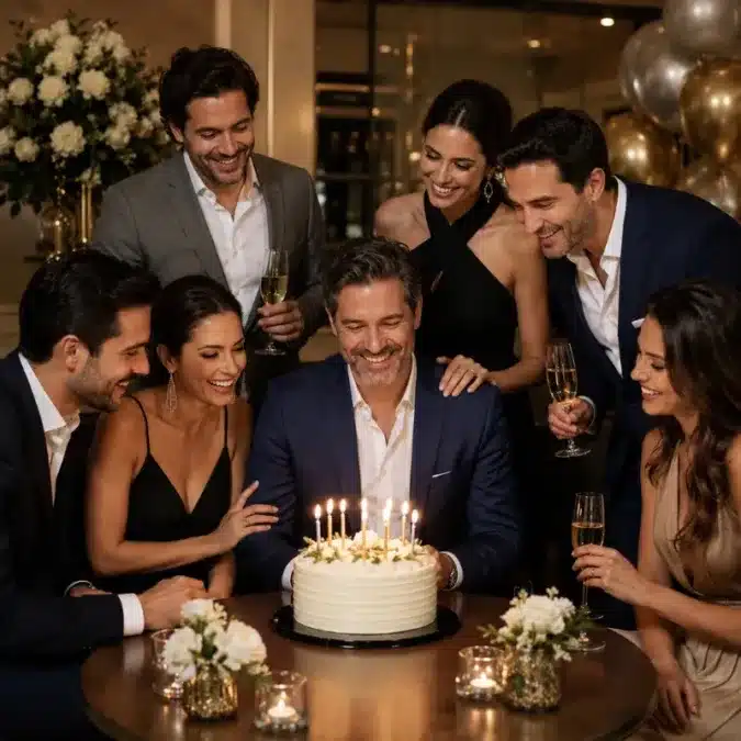 40 Felicitações de Aniversário: mensagens formais para WhatsApp. 2 Felicitações de aniversário : imagem mostra uma mesa redonda com 3 mulheres e 3 homens vestidos com ternos e roupas de festa comemorando anivesrário