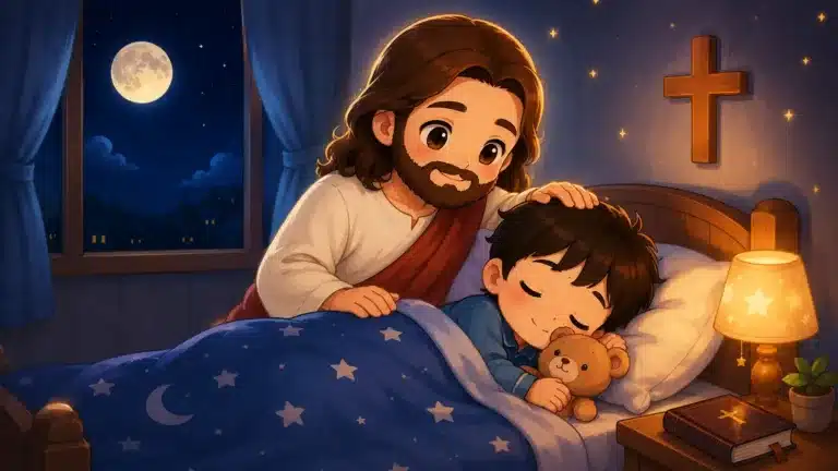 Jesus dando boa noite para uma criança