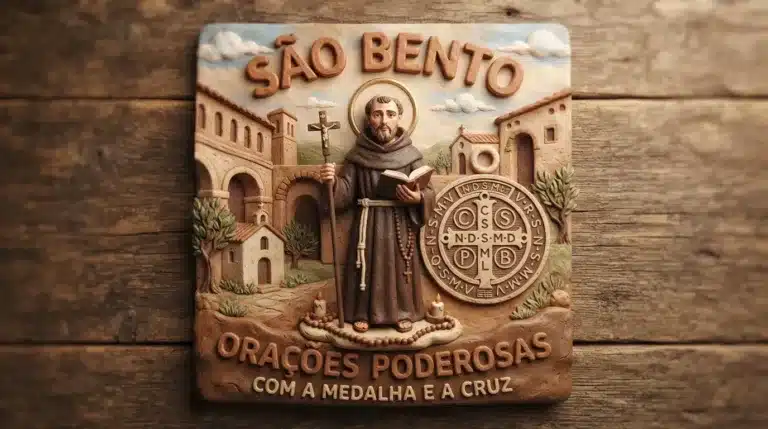 imagem de são bento e a cruz de são bento no estilo argila
