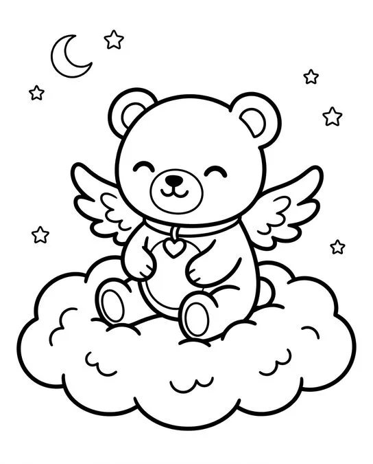 60 Desenhos para Colorir: Modelos Lindos para Imprimir, Pintar e Desenhar 11 Ursinho Magico Voando em uma Nuvem para colorir