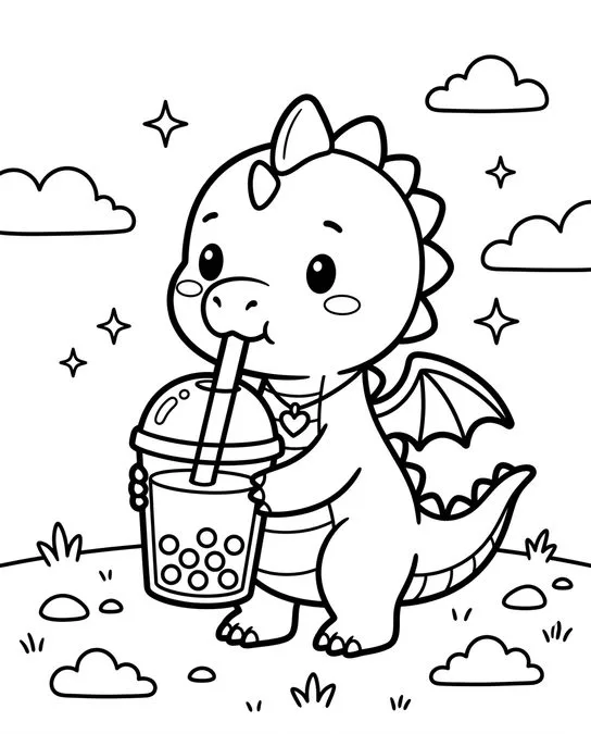 60 Desenhos para Colorir: Modelos Lindos para Imprimir, Pintar e Desenhar 8 desenho para pintar Bebe Dragao Tomando Cha de Bolhas