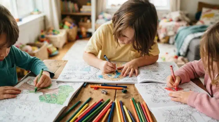3 crianças numa mesa pintando um desenho de colorir. Na mesa papeis pintados e lapis de cor